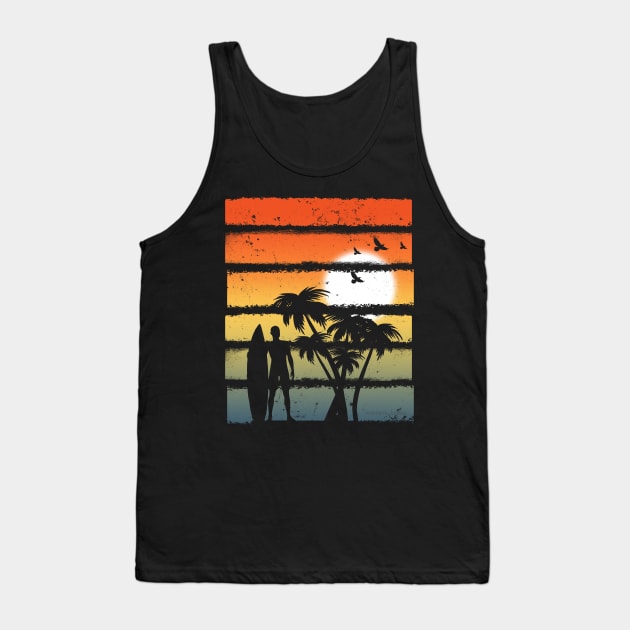 Summer Sunset Graphic Icon Surfer Ocean Palm Tank Top by YouthfulGeezer